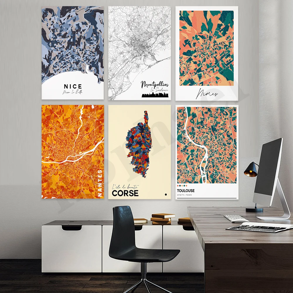 Художественный постер карты городов Франции KOPHAEL
