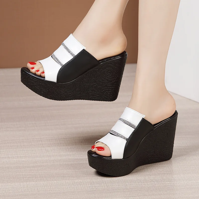 

11cm Small Size 32-43 Genuine Leather Slippers Women's Platform Wedges Sandals Summer 2023 High Heels Slides for Office Model