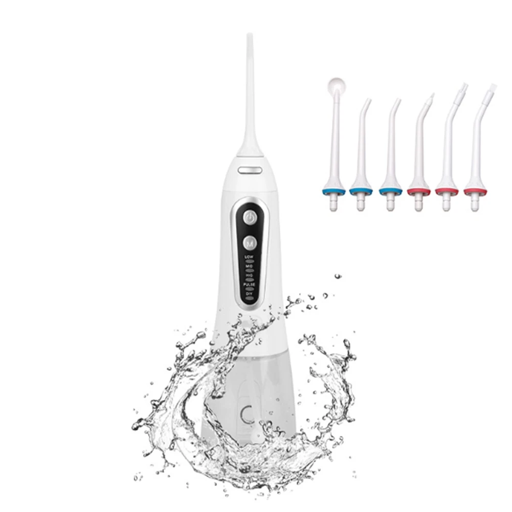 

Oral Irrigator 5 Modes Portable Rechargeable Dental Water Jet 6 Nozzles Waterproof 300ML Tank Water Flosser US Plug