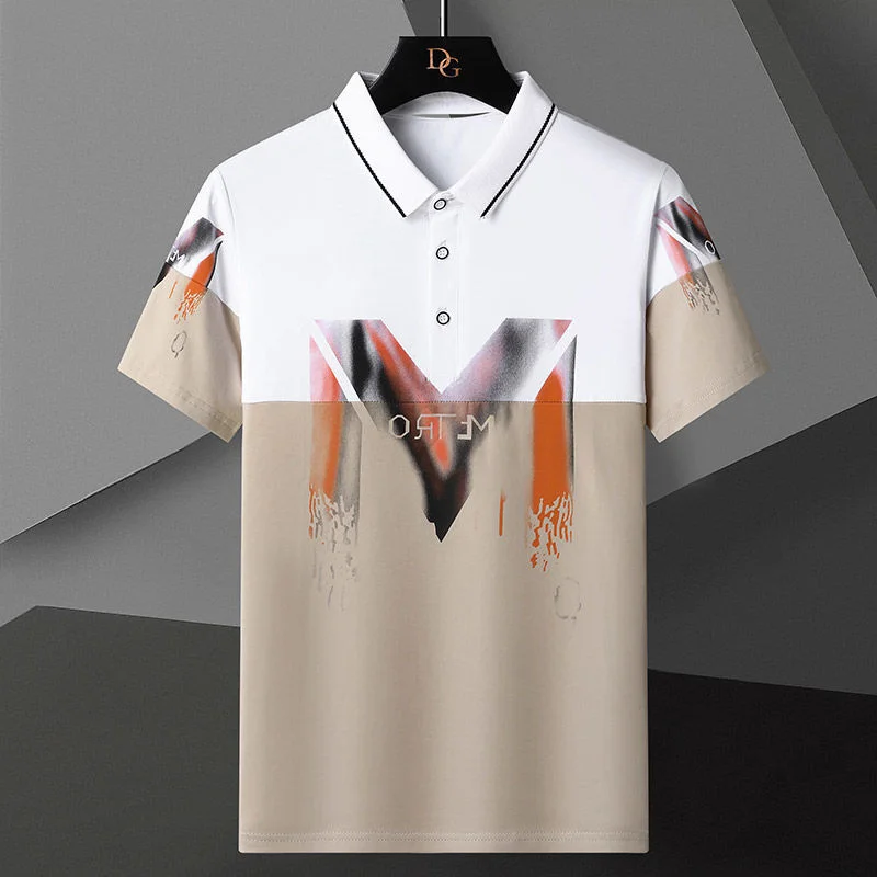 

Letter Color Contrast Short Sleeve T-shirt Polo Men's Shirt Summer New Social Club Outfits Mannen Camisa Masculina