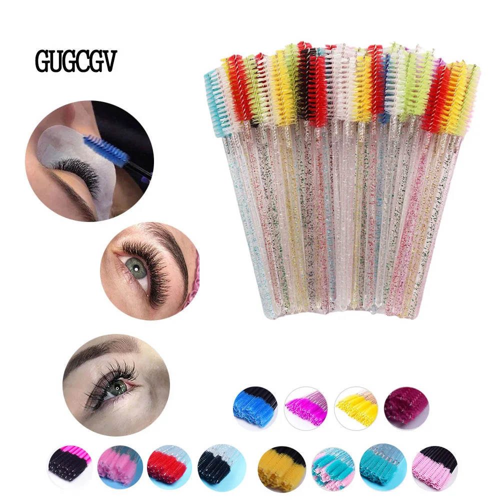 GUGCGV Good Quality Disposable 50 Pcs/Pack Crystal Eyelash Makeup Brush Diamond Handle Mascara Wands Eyelash Extension Tool