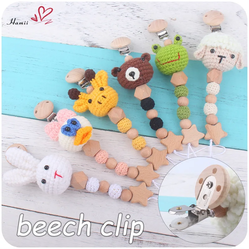 

1PC Crochet Animals Baby Pacifier Clip Chain Wooden Beads Appease Soother Chain Clips Newborn Dummy Holder Nipple Clip