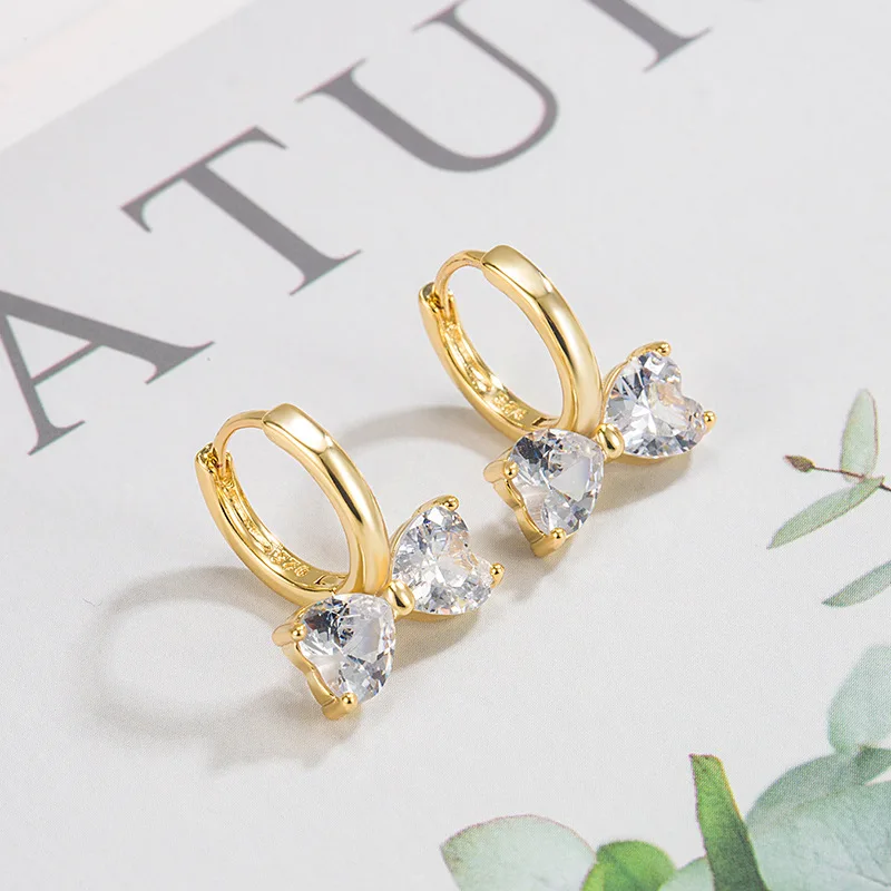 

Women's Fashion Bowknot Hoop Earrings Bright Heart Cubic Zirconia Cute Huggies Golden/White Earring Piercing Accessories Jewelry