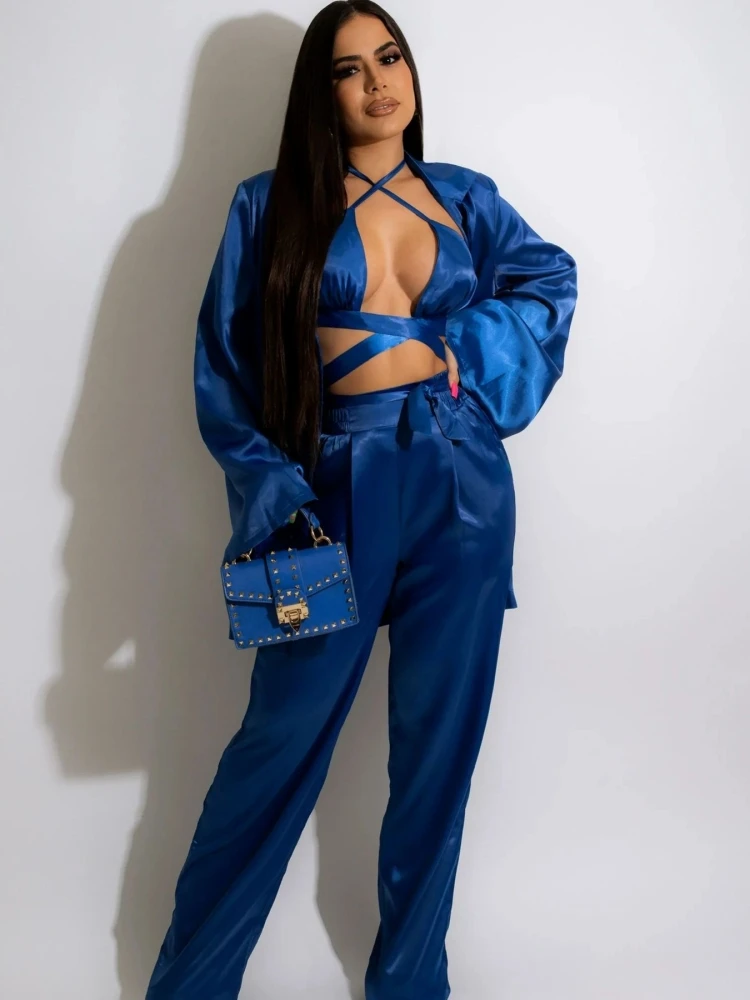 

3 Piece Set Women With Bandage Bra Shirt Tops And High Waist Pant Suits Spring Autumn Solid Fashion Casual Homewear Set Outfits
