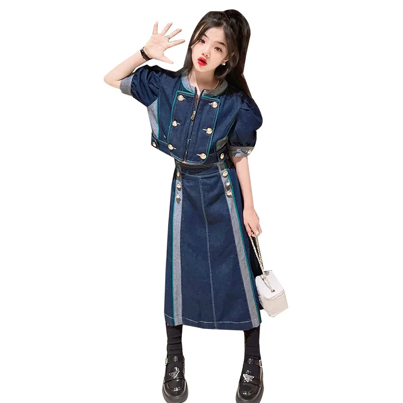 

Джинсовый комплект для девочек, летний корейский дизайн с круглым вырезом, пуговицами, топ с коротким рукавом и юбка, уличная одежда из 2 предметов для подростков