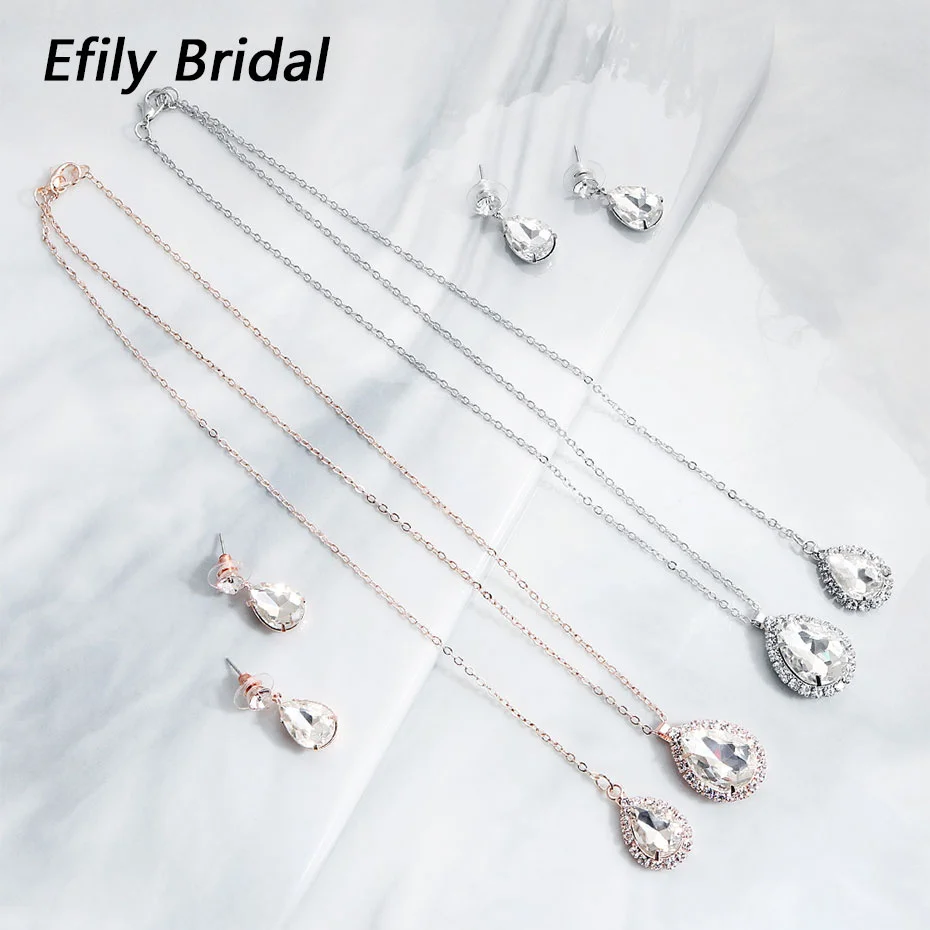 Efily Стразы ожерелье в форме капли воды хрустальные серьги в форме капли свадебные аксессуары набор ювелирных изделий для вечернего платья с открытой спиной