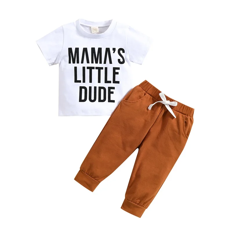 

Топ с коротким рукавом и штаны для маленьких мальчиков, летняя одежда с принтом букв и эластичным поясом на шнурке