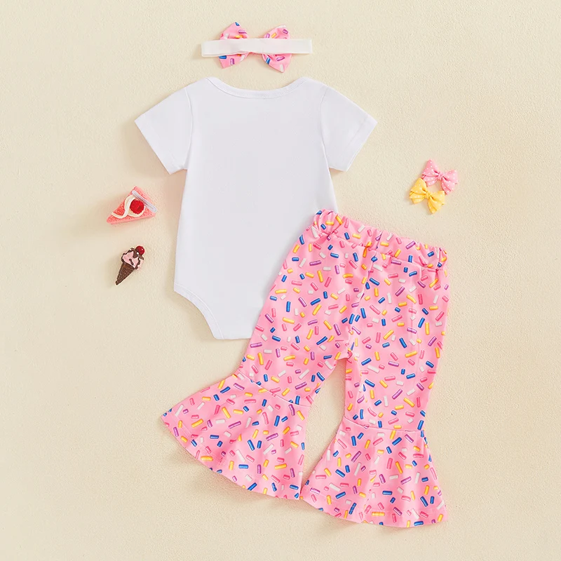 Baby Girl Summer Outfits Letter Donut Embroidered Short Sleeve Romper Flare Pants Headband 3Pcs Clothes Set