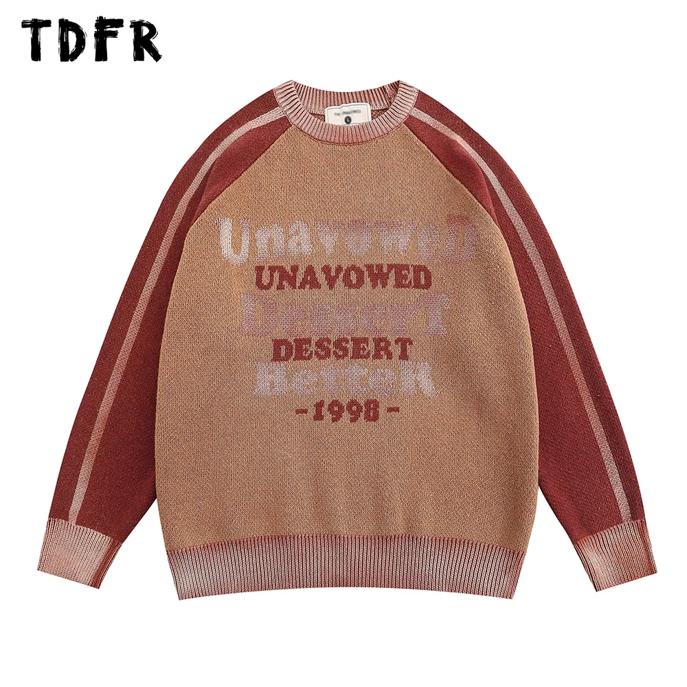 

Свитер мужской вязаный в стиле ретро, Свободный Повседневный пуловер с круглым вырезом и длинными рукавами, жаккардовый, с надписью, с соединением, Осень-зима