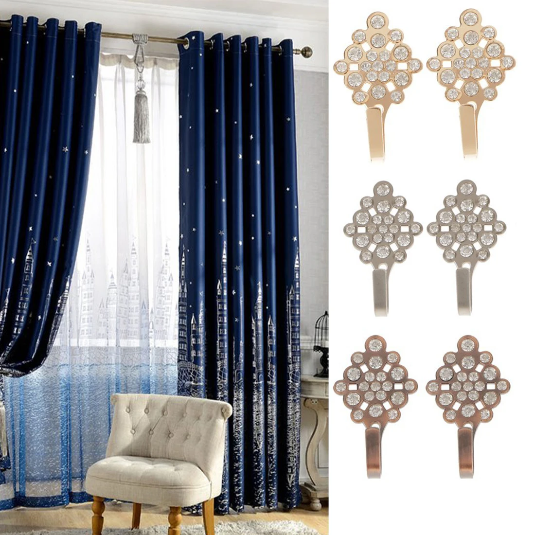 

HOT-2 Piece Luxury Shiny Curtain Hanger Tieback Wall Mounted Hook Tassel Hook Hat Coat Clothes Bag Hanger Holder Home Hotel Deco