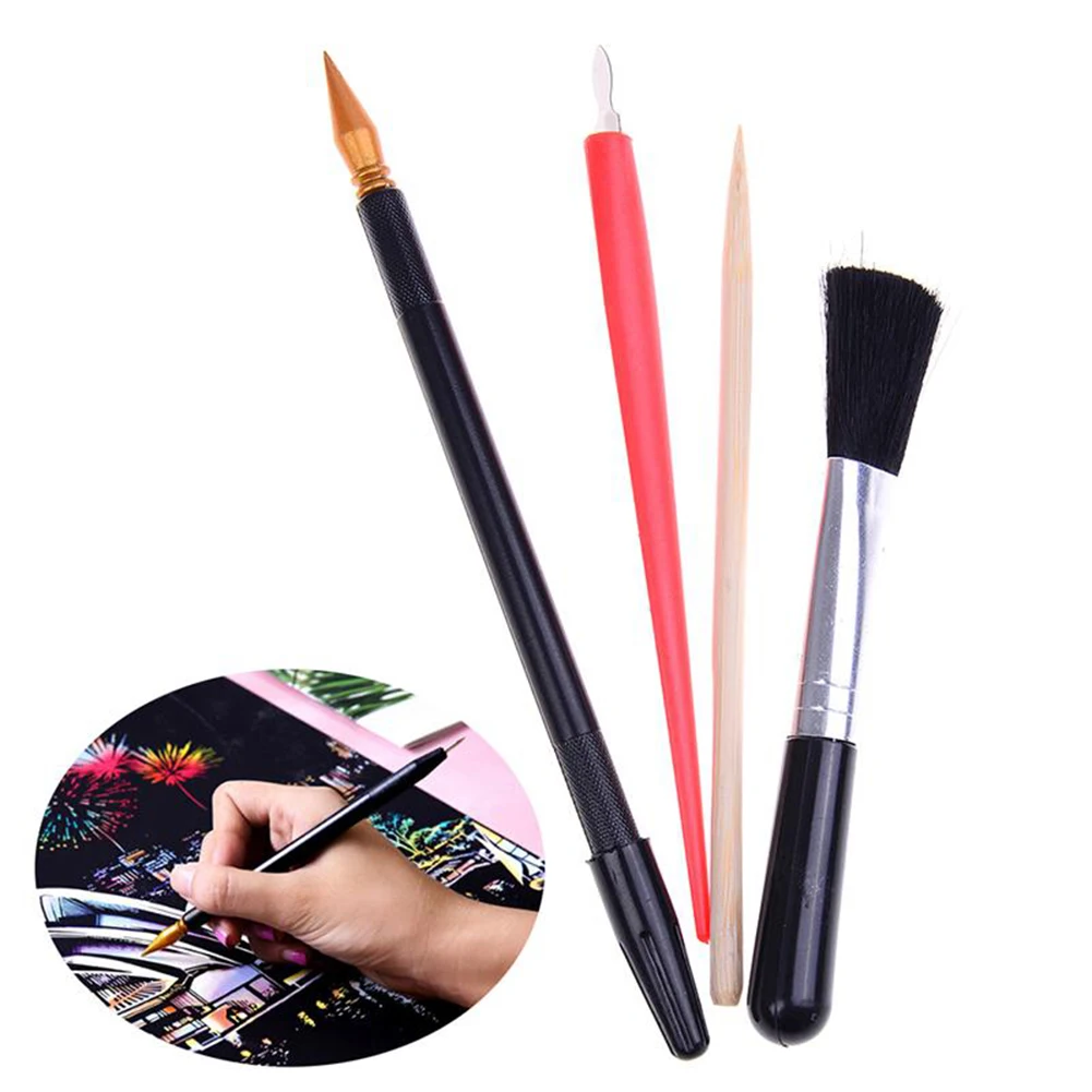 

4pcs Stick Scraper Pen Brush DIY Gift Painting Drawing Scratch Arts Set Black Brush For Scratch Sketch Painting Drawing Arts Set