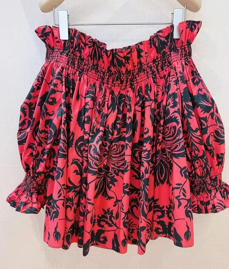 100%Cotton Tops 2023 Spring Summer Fashion Style Women Sexy Slash Neck Vintage Floral Prints Half Sleeve Casual Black Red Blouse