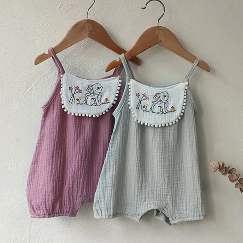 

0-2Yrs Newborn Kids Baby Boys Girls Rabbit Embroidery Clothes Rompers Summer Infant Baby Boys Girls Sleeveless Jumpsuit