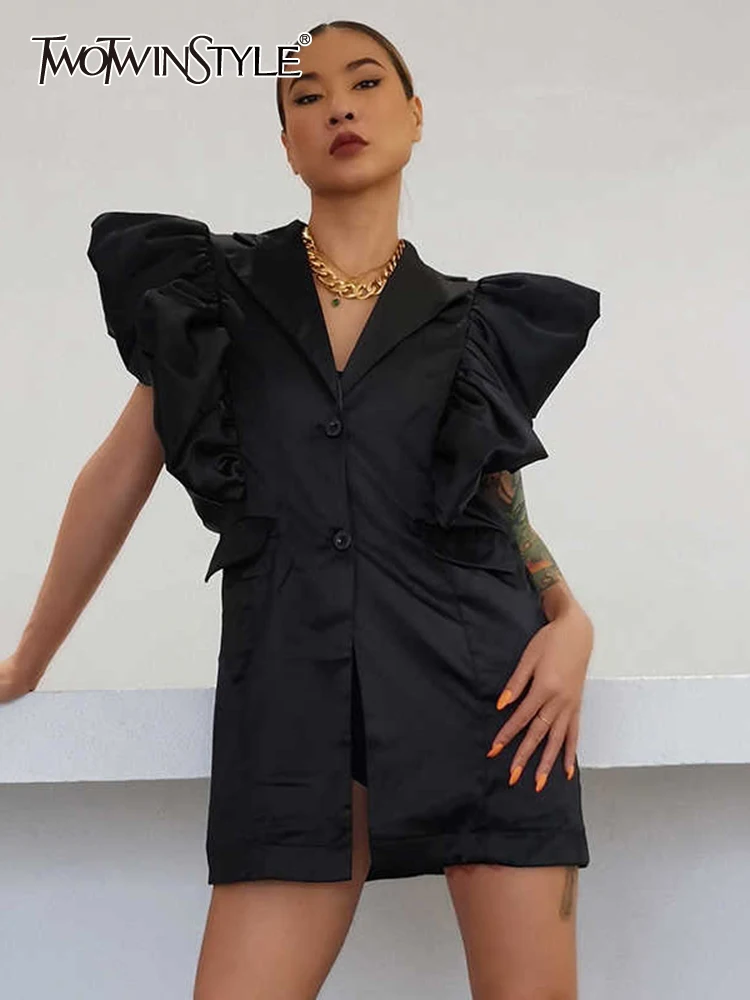 TWOTWINSTYLE Patchwork Ruffle Trim Black Jackets For Women V Neck Sleeveless Solid Minimalist Slim Blazers Female Summer Clothes