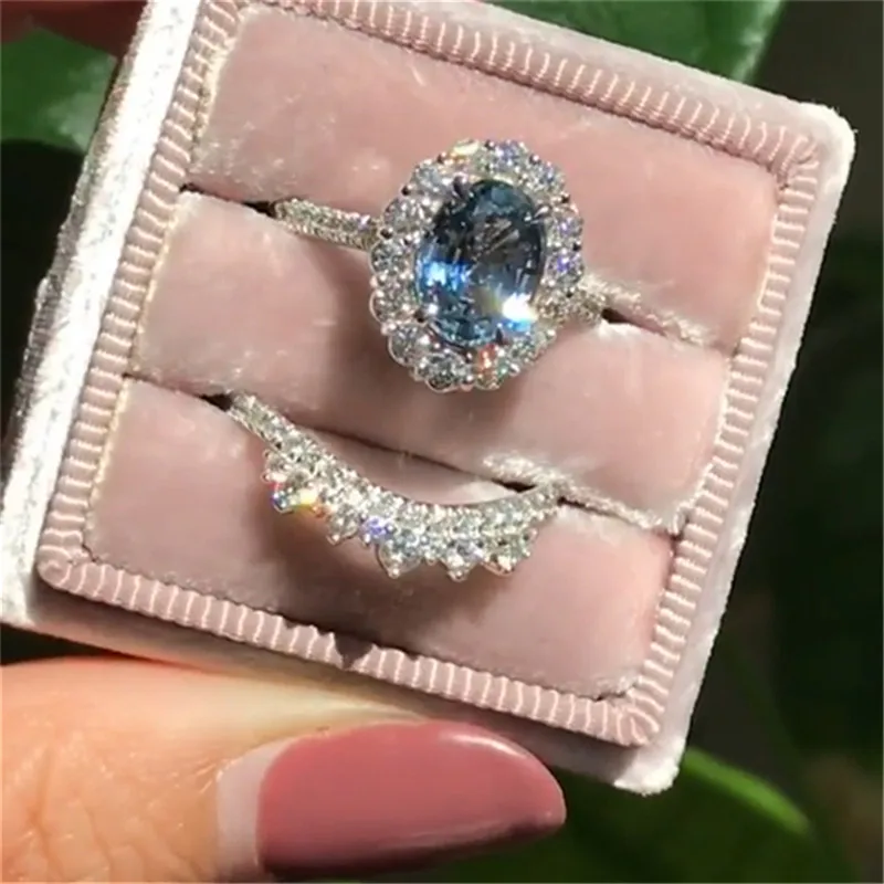 

2pcs/set Fashion Oval Cut Natural Blue Crystal Engagement Rings Set Women Wedding Band Party Jewelry Ring Anniversary Gift