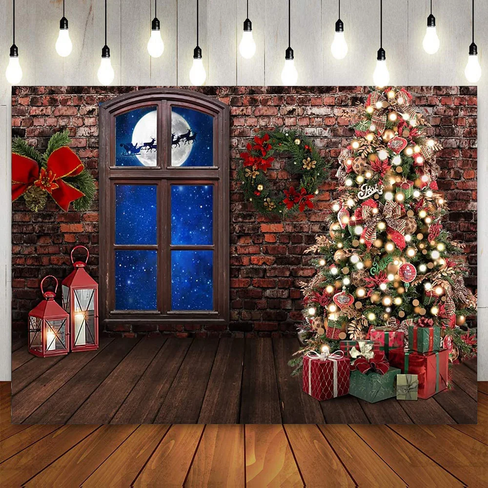 Merry Christmas Backdrop Interior Retro Brick Wall Xmas Tree Photo Photography Background Party Decor for Baby Kids Family Shoot