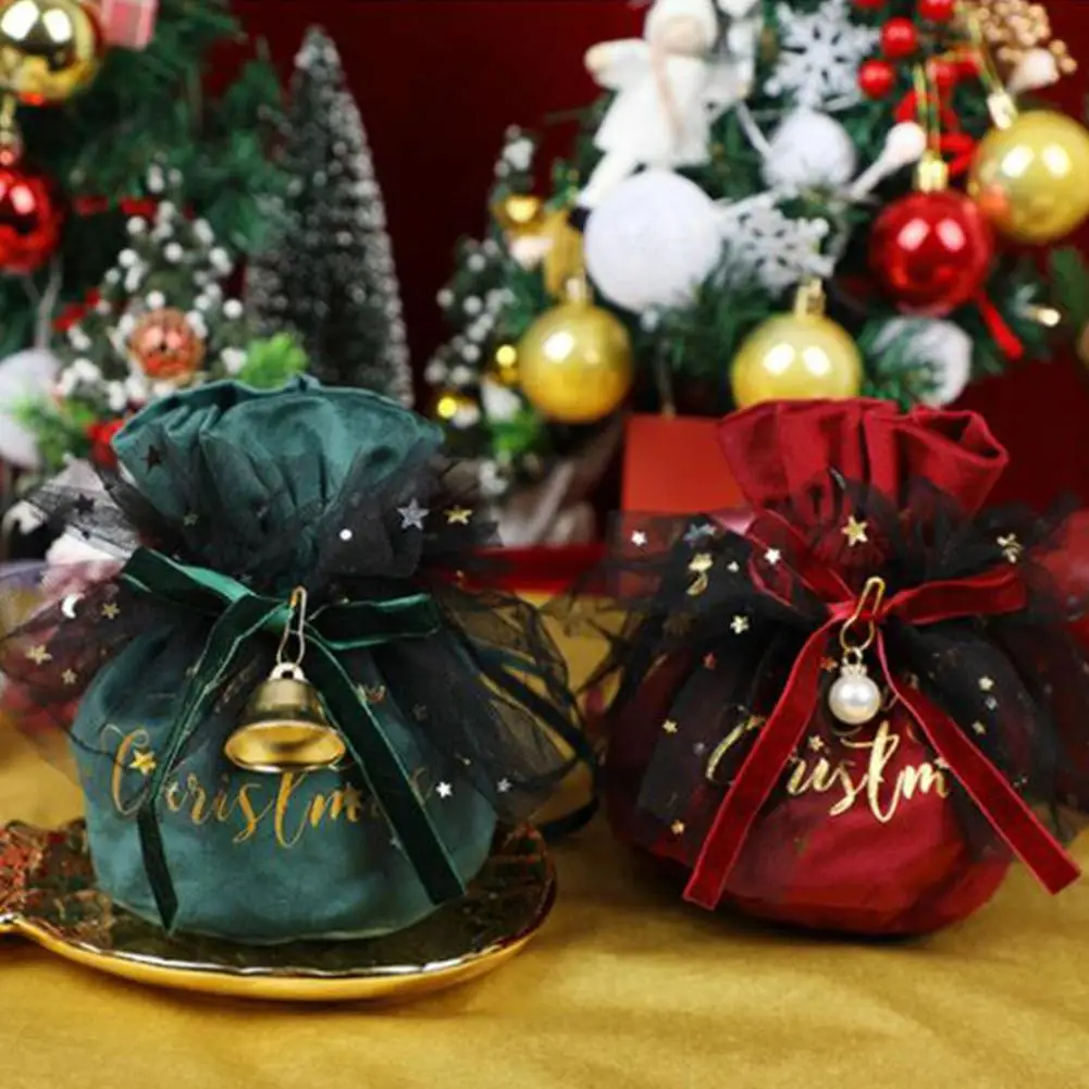 

Christmas Velvet Gift Bags With Pearls Bells Drawstring Wrapping Bag For Storaging Candy Cookies Toys