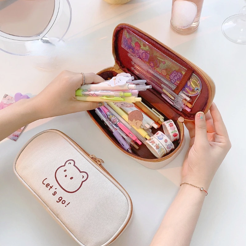 

Kawaii Canvas Pencil Case Cartoon Bear Pencilcase Pen Case Bag Large Capacity Makeup Bags Cosmetic Organizer