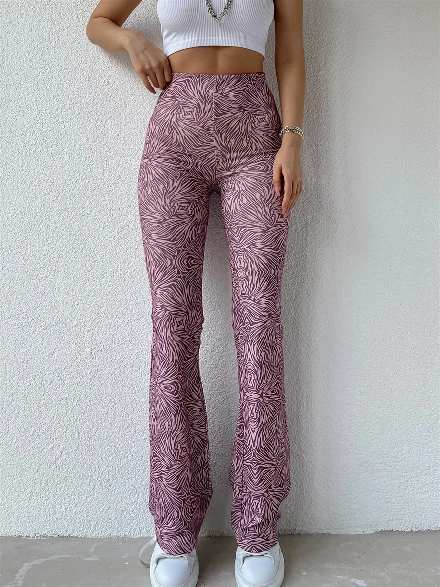 

wsevypo Vintage Print Women Long Pants Fashion High Elastic Waist Micro Bell-Bottomed Trousers Casual Party Street Bottoms