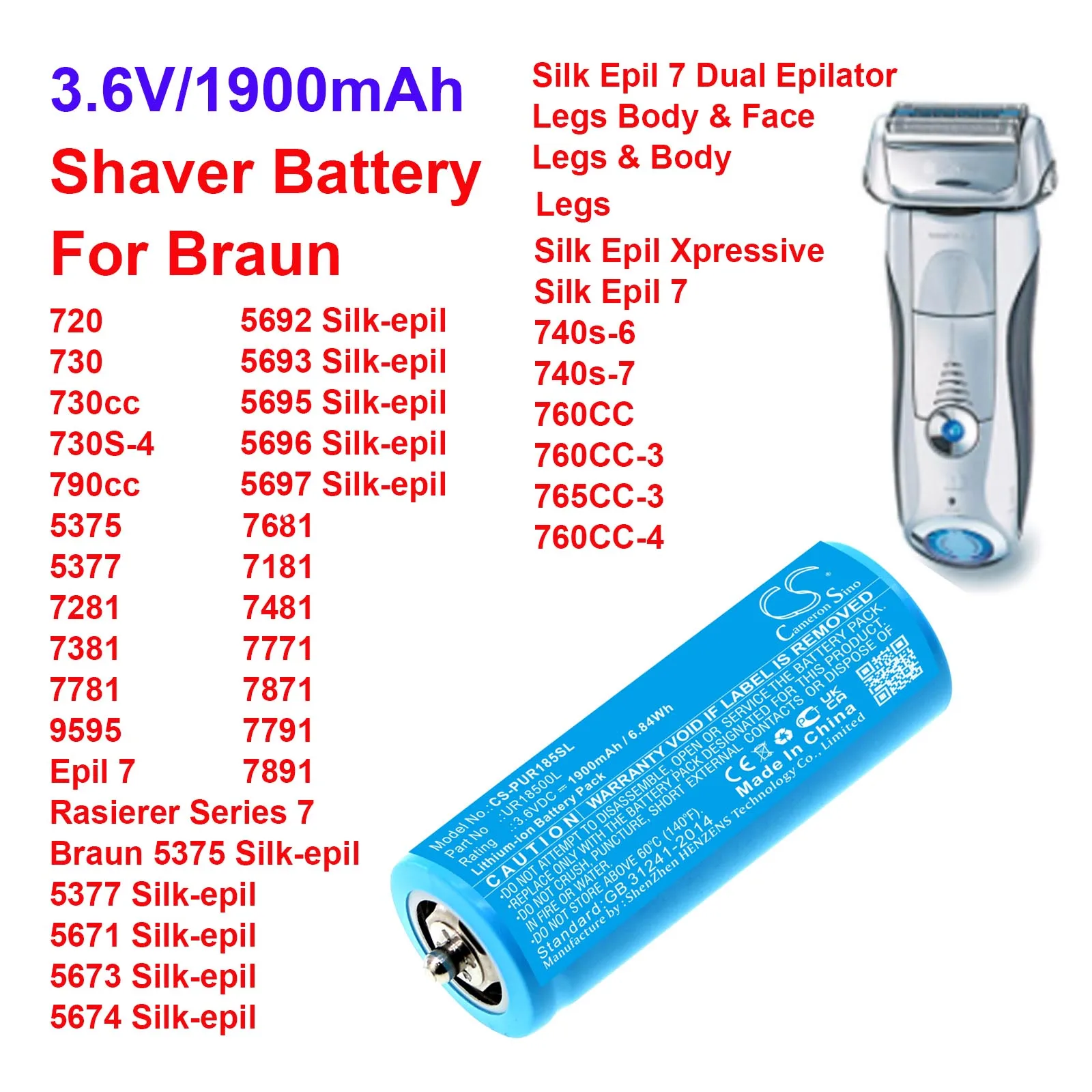 

CS Shaver Battery For Braun 720 730 730cc 790cc 5377 7281 5377 7281 381 Epil 7 Rasierer Series 7 Fits 3018765 6703925 UR18500L