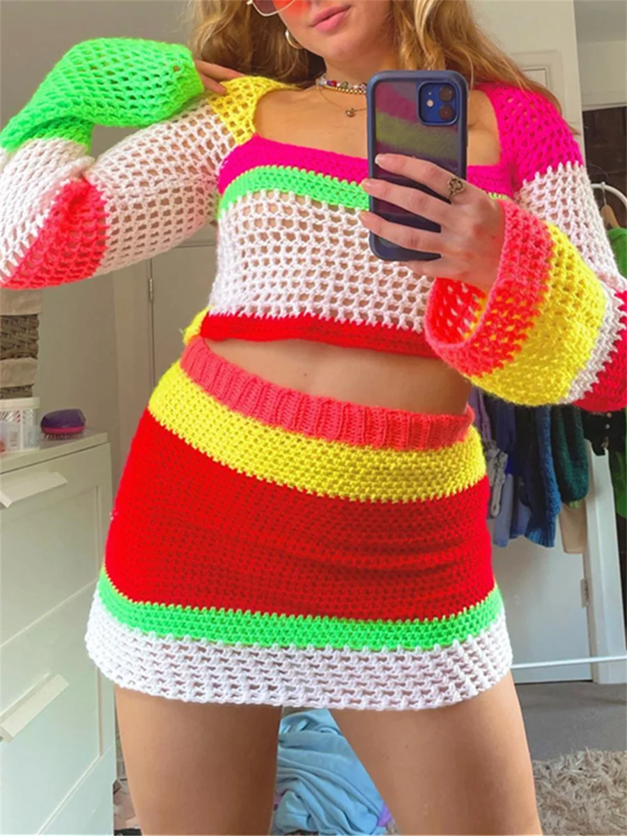 

Женский трикотажный Костюм-двойка wsevypo E-girl в стиле 1920-х гранж-панк, Трикотажный костюм контрастных цветов с длинным рукавом и мини-юбкой