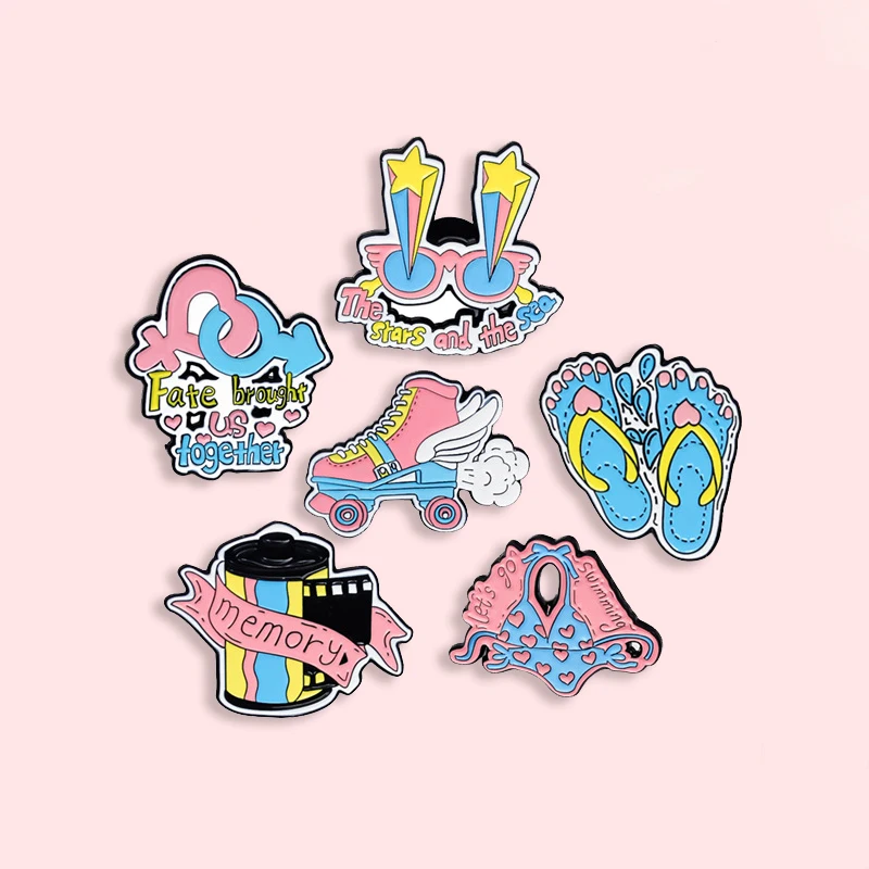 

Pink Girl Series Metal Enamel Pin Sexy Swimsuit Slippers Star Skates Memory Film Brooch Girls Summer Badge Accessories