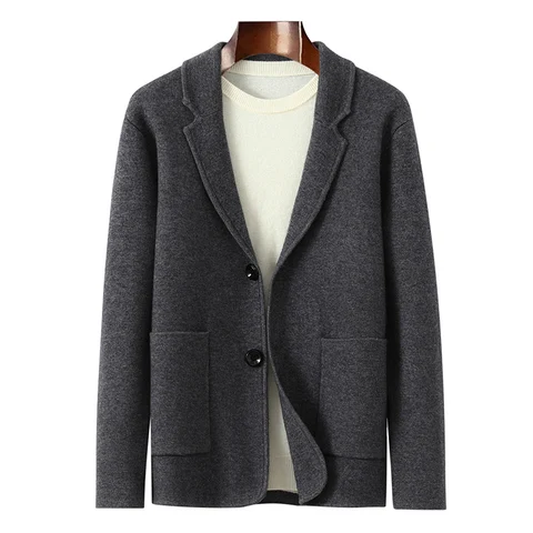 100% кашемировый костюм, мужской костюм, вязаный кардиган с воротником, деловое повседневное пальто, вязаные шорты с высокой талией, зимний толстый комплект из двух предметов