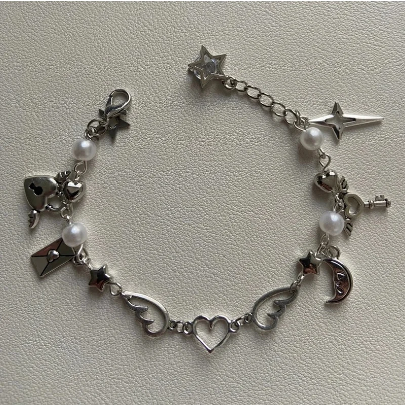 Y2K Модный милый авангардный хромированный браслет дружбы с крыльями и сердцем