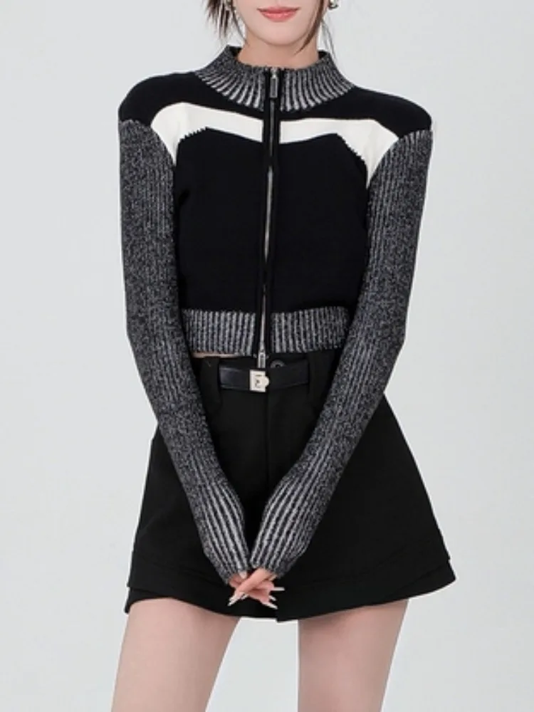 

HPUZHOU Korean Y2k Cardigan Sweater Women Vintage Contrast Patchwork Slim Long Sleeve Zip Up Crop Knitted Sweater Autumn Winter