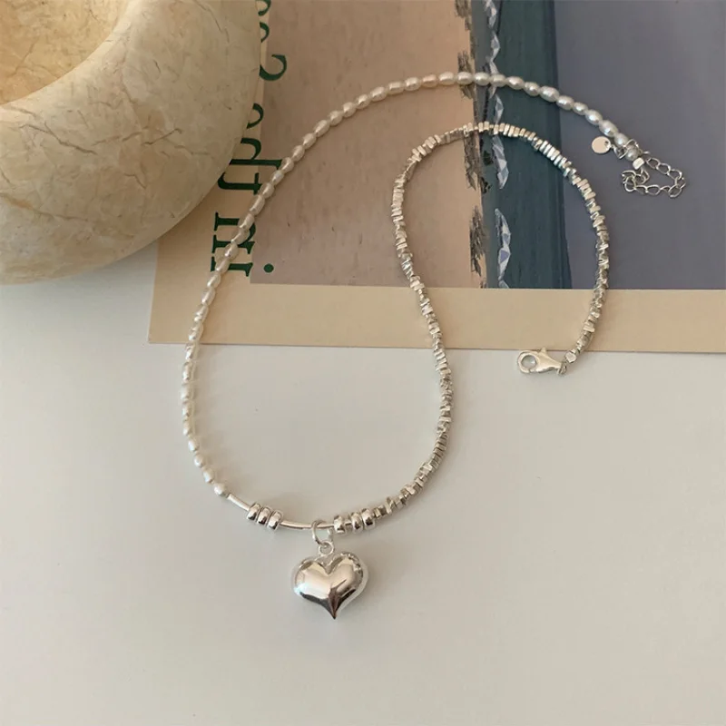 

Minar Stylish Irregular Freshwater Pearl Choker Necklace for Women Silver Color Heart Asymmetric Chain Pendant Necklaces Jewelry
