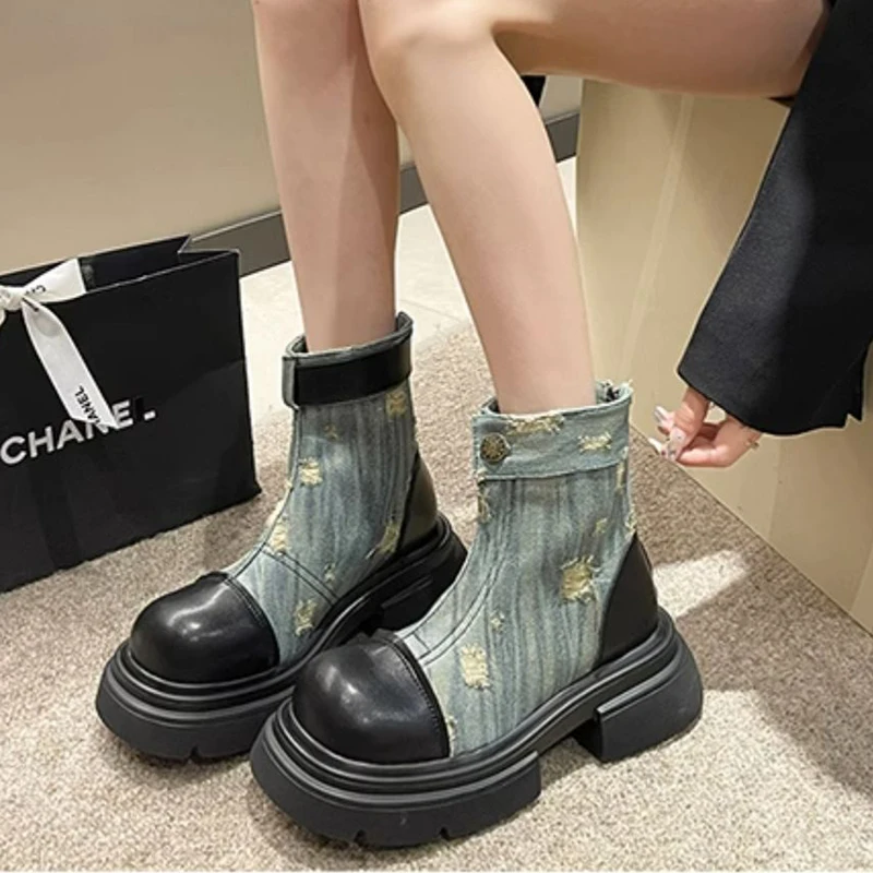 

Women's Autumn Denim Boots Fashion Simple All-match Tooling Boots Thick-soled Casual Non-slip Wear-resistant Soles Size 35-40