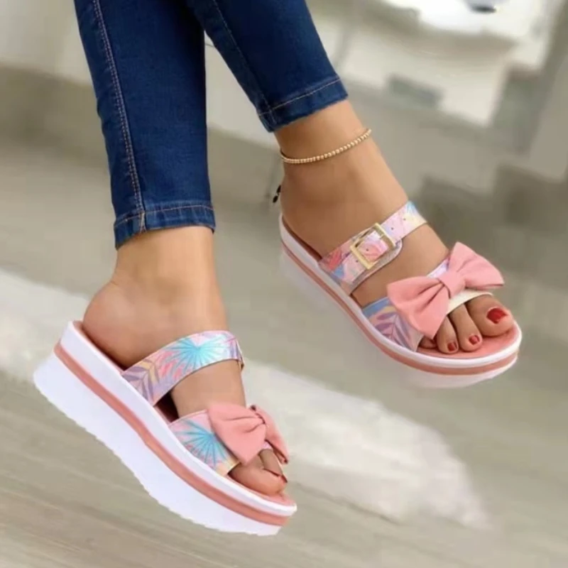 

Женские шлепанцы с открытым носком, летние сандалии на плоской подошве с бантом, Повседневная пляжная обувь для улицы, новинка 2022