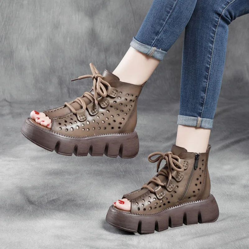 

Jishu Hot-Selling New Arrival Retro Handmade Genuine Leather Platform Sandal Boots Women 'S Hollow Sandals Wedge Peep Toe Roman