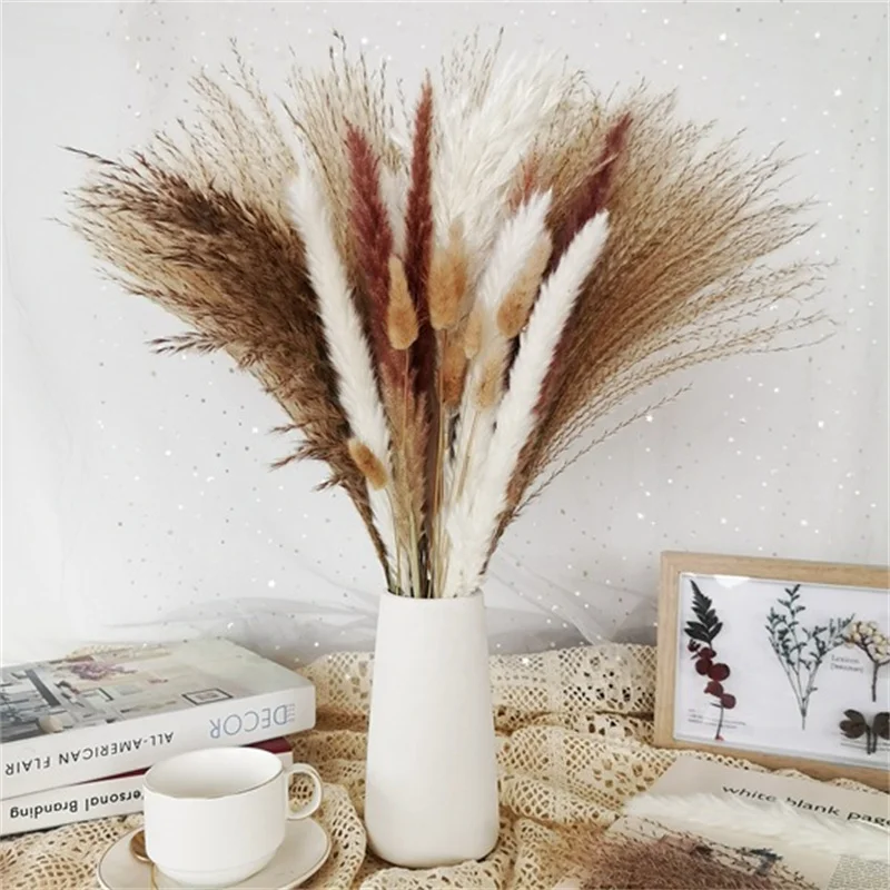 

60Pcs Reed Flower Bouquet,Dried Pampas Grass Pampass Branches Arrangement Wedding Kitchen Decor Droogbloemen for Home Decoration