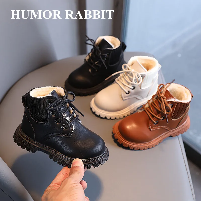 Toddler Kids Tide Boots Autumn Winter Warm Thick Cotton Boys Girls Snow Boots Little Children Leather Cotton Boots Fashion 21-30