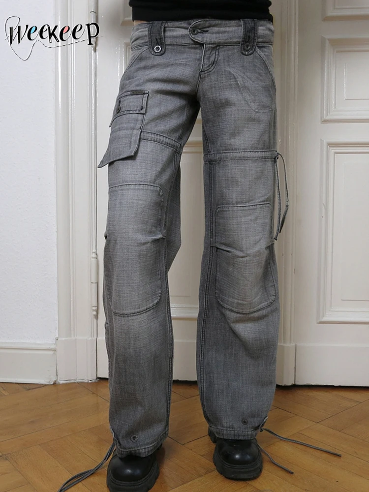

Weekeep y2k гранж серые джинсы уличные мешковатые прямые джинсовые брюки карго базовые карманные Лоскутные женские брюки винтажные Harajuku
