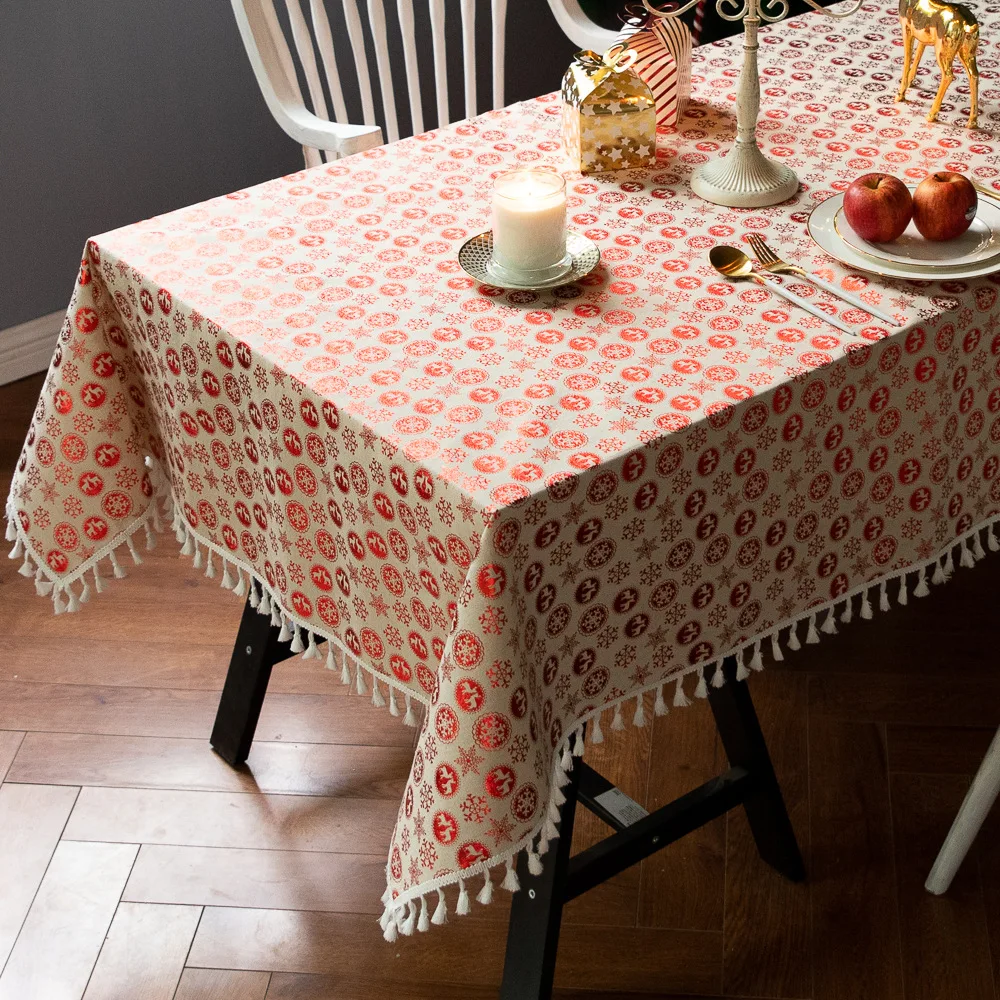 

Christmas Red Gold Elk Tablecloth Bronzing Tassel Cotton Linen Table Cover Home Christmas Party Holiday Hotel Decor Table Clot