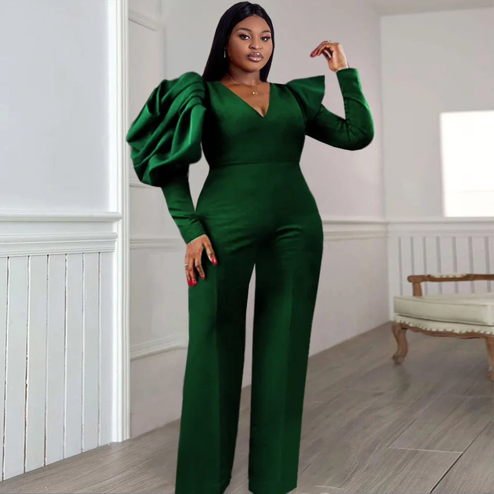 Plus Size Elegant Jumpsuit for Women Autumn V Neck Irregular Puff Long Sleeve High Waist Office Lady One Piece Night Club Party