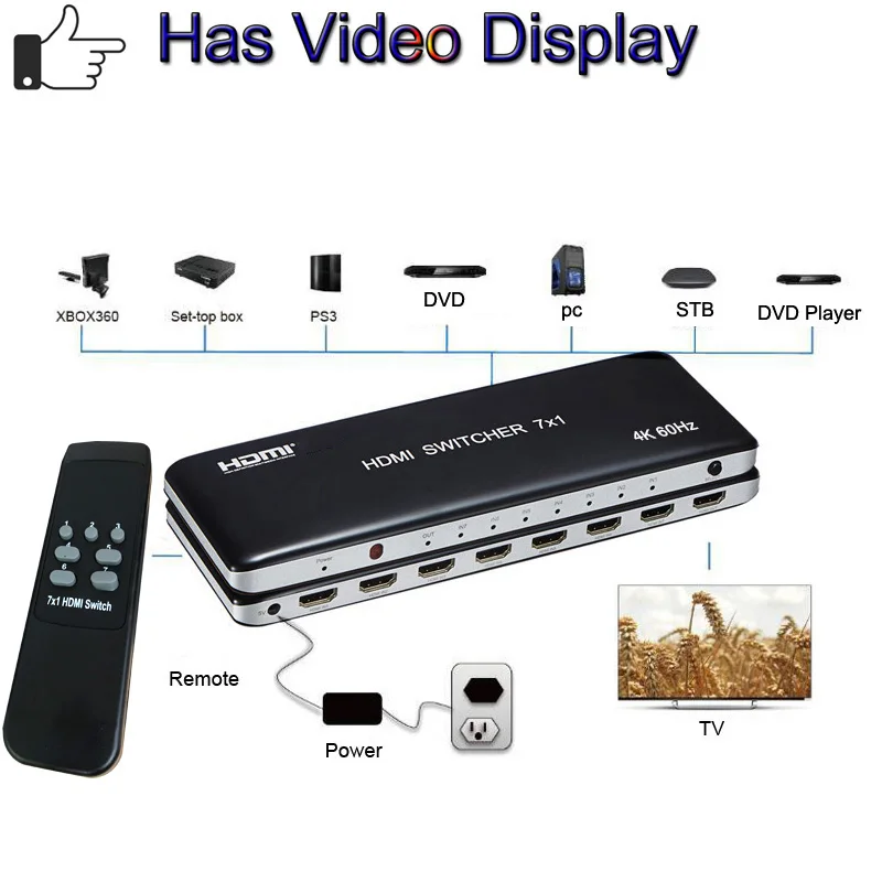 

7x1 HDMI Switch 3x1 HDMI 2.0 Switcher Video Converter 3 / 7 In 1 Out 4K 60HZ for Mi Box3 PS3 PS4 Xbox PC To TV Monitor Projector