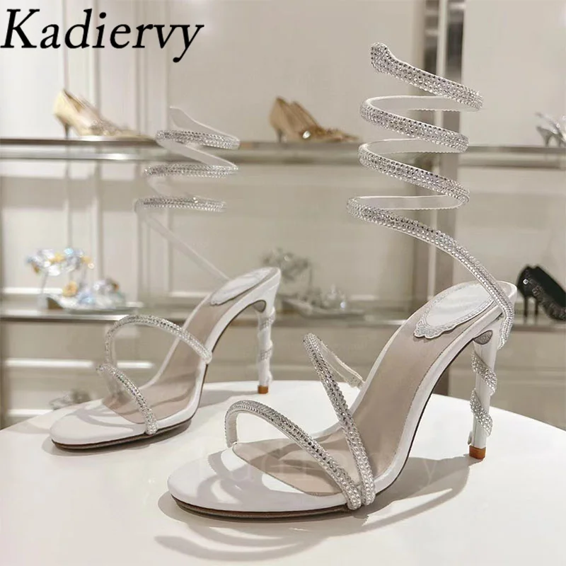 Сандалии женские на высоком каблуке пикантные строгие босоножки со стразами