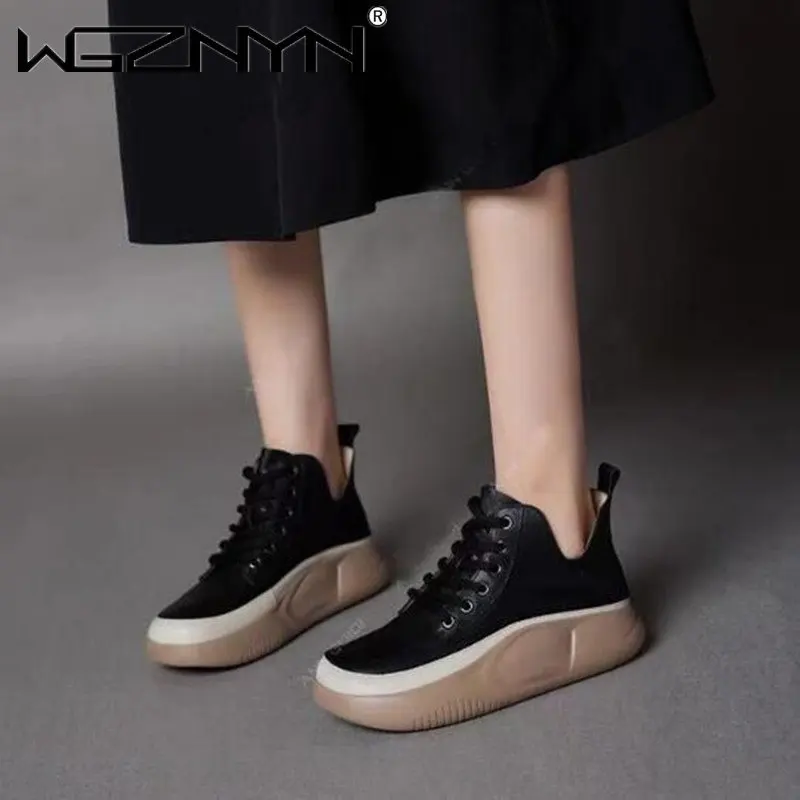 

Кроссовки женские на шнуровке, мягкая кожа, толстая подошва, Вулканизированная подошва, повседневная обувь, весна-осень