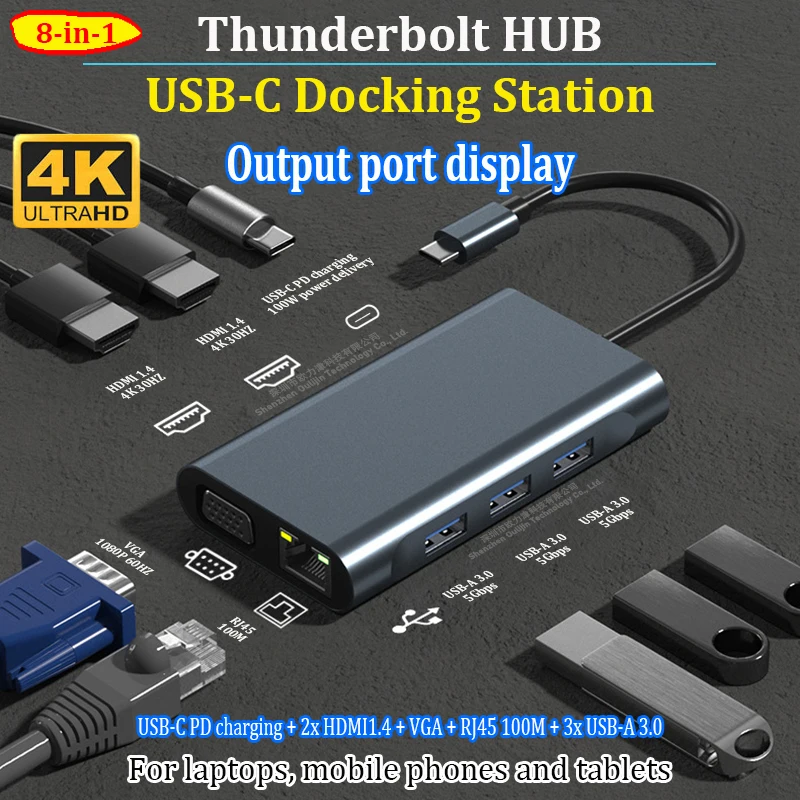 Аксессуары для ноутбуков Thunderbolt HUB USB-C Док-станция 2x HDMI VGA MacBook Air Pro Dell HP Lenovo ThinkPad Asus
