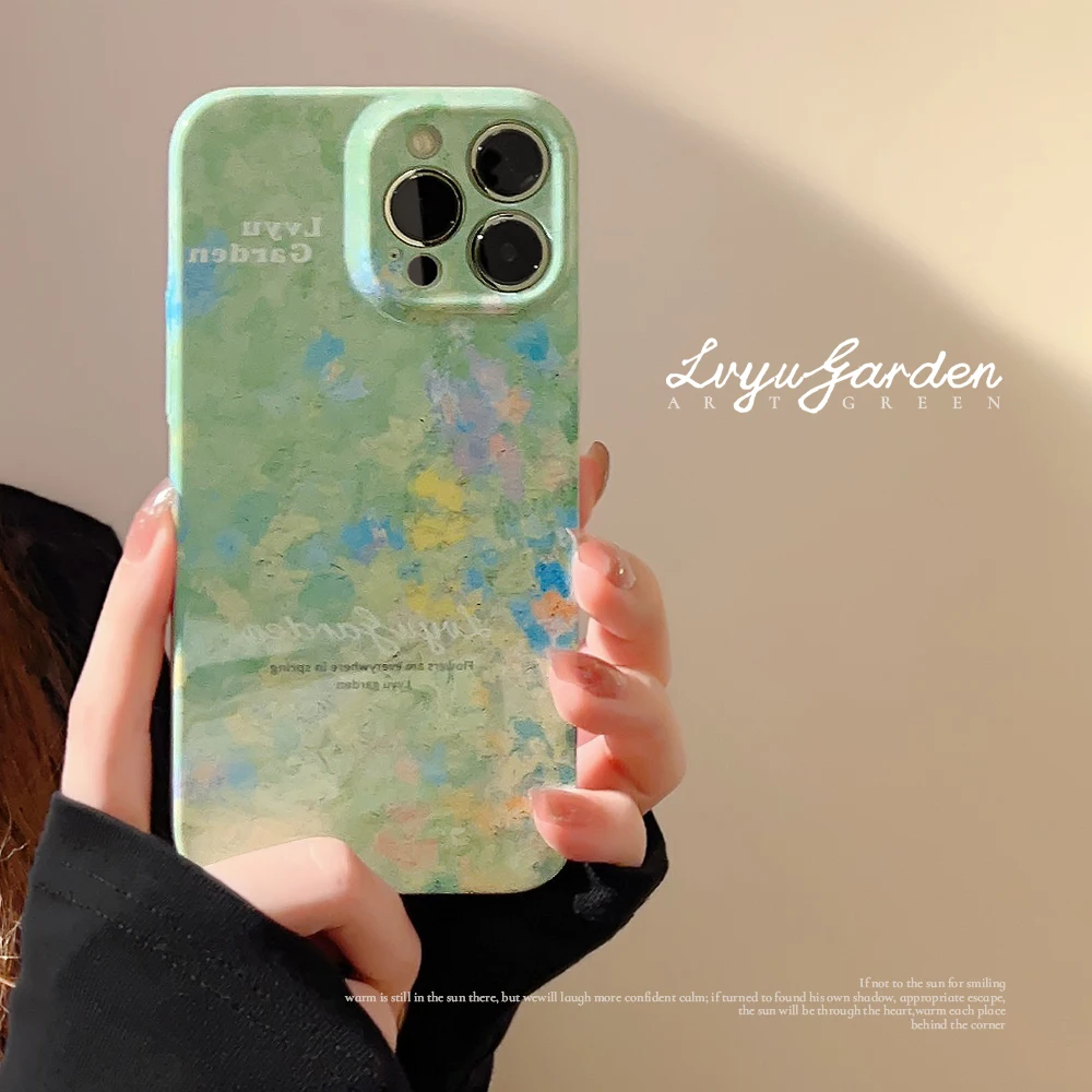 

Lovebay Green Oil Painting Pattern Phone Case For iPhone 14 11 12 13 Pro 14 7 8 Plus XS Max XR Shockproof Soft Back Bumper Cover