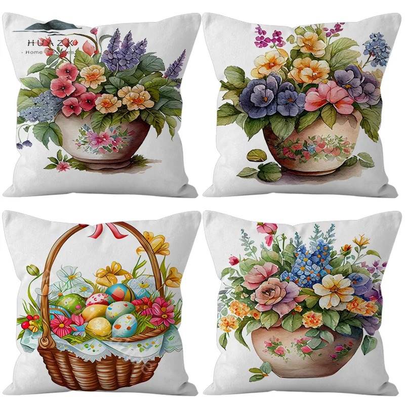 

Easter Flower Basket Pillow Case Home Decor Cushion Cover Flora Pot Watercolor Style Pillowcase Lounge Sofa Throw Pillows Cover