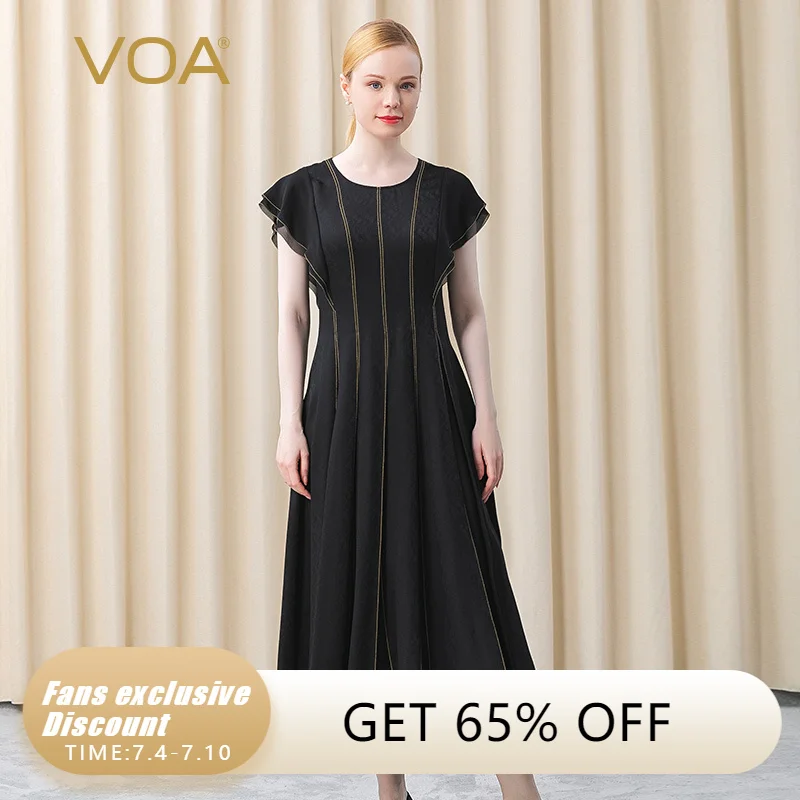 

VOA Silk Stifled Mystery Black Floral O-Neck Dresses for Women Flying Sleeves Joe Its Stitched Loose Waist Elegant Dress AE658