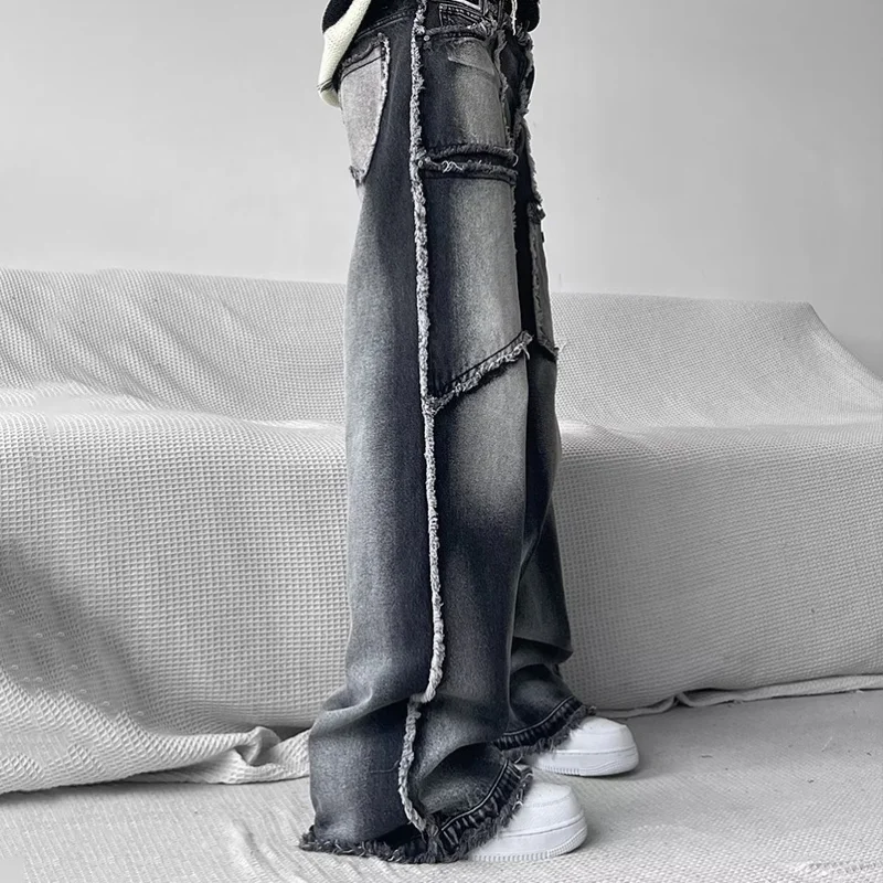 DEEPTOWN Y2K Patchwork Jeans Men Black Denim Designer Pants Punk Streetwear Loose Casual Trousers Male Hip Hop Pocket Spring 4XL