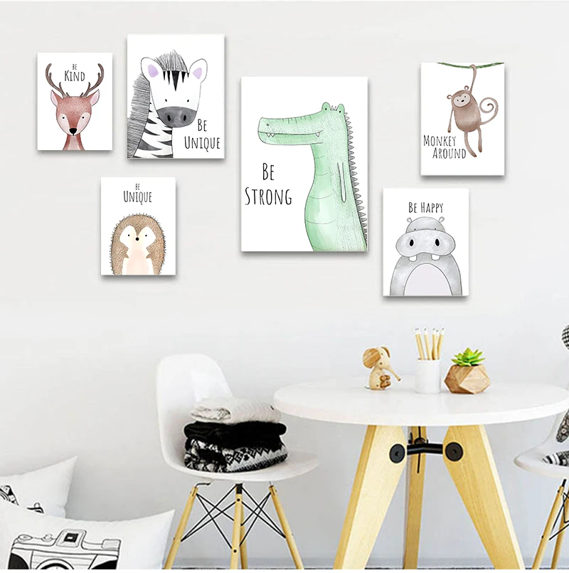 Мультяшные животные скандинавский постер настенное фото Лев слон детский сад