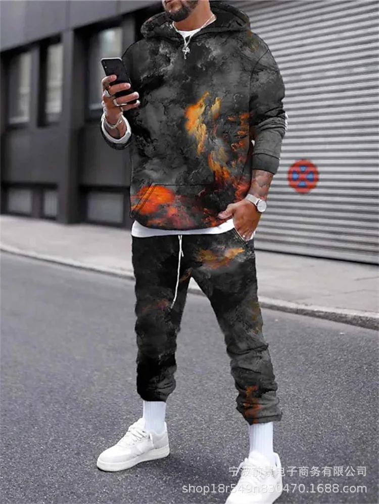

2022 3D Japanese Graffiti Sweater Boys Hooded Trendy Sweatpants Set Loose Casual Trend Two Piece Set Tracksuit Men Suits for Men