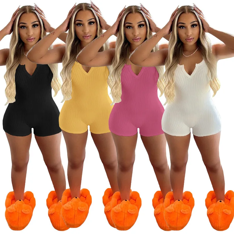 

Echoine summer Fashion women Solid Sexy Knit Rib Skinny Sport Playsuit Casual Slim V-Neck Sleeveless bodysuit Rompers Jumpsuit