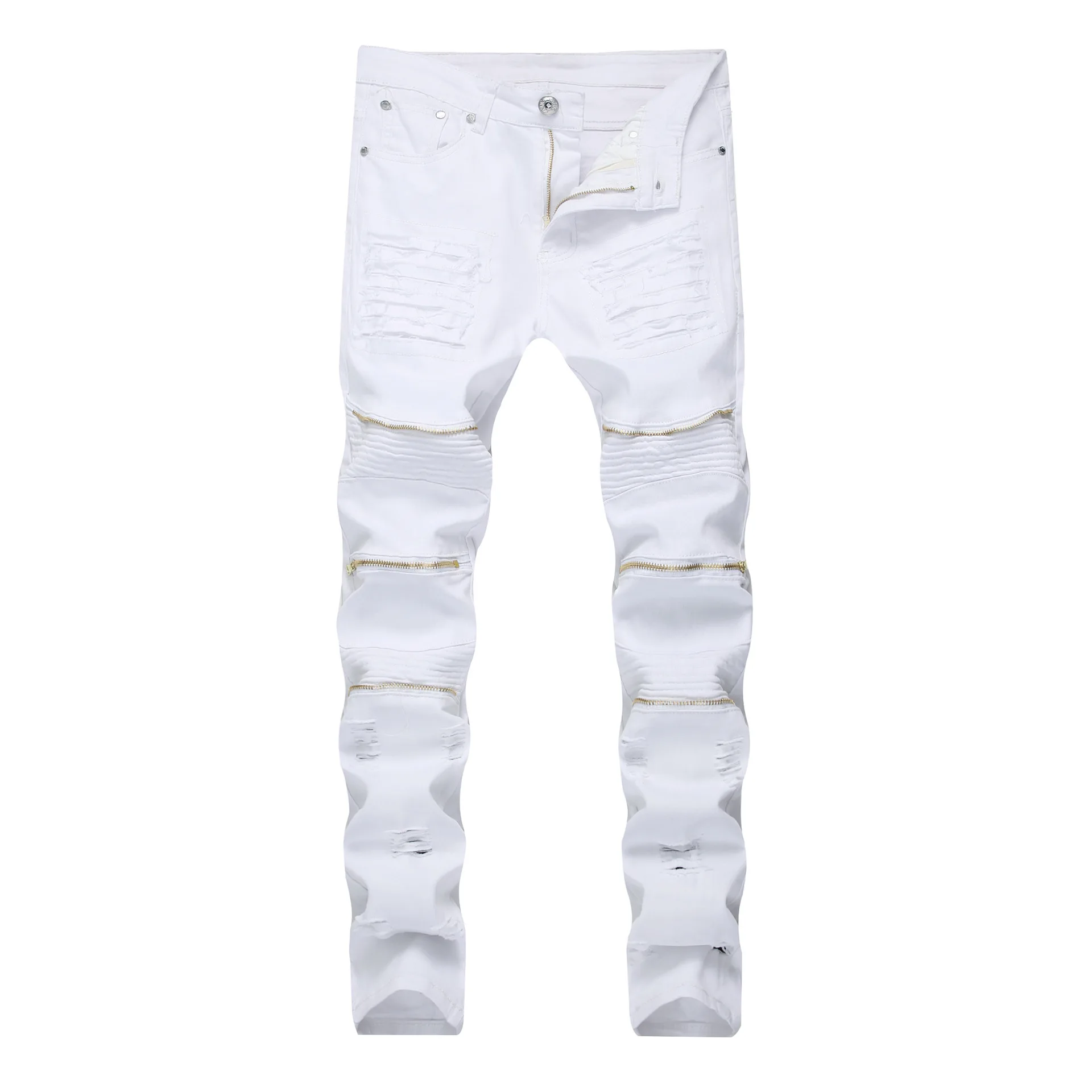 Men's Jeans Multi Zipper Decoration Fashion Trend Nightclub Pants Solid Color Full Length Ripped Jeans Male Trousers